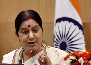 New Delhi: External Affairs Minister Sushma Swaraj addressing a press conference at Jawaharlal Nehru Bhawan in New Delhi on Monday. PTI Photo by Vijay Verma (PTI9_8_2014_000176B)