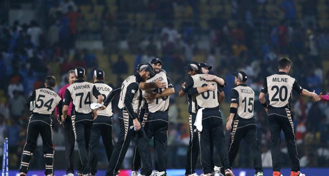 New Zealand players celebrate after defeating India by 47 runs during the ICC World Twenty20 2016 cricket match at the Vidarbha Cricket Association stadium in Nagpur, India, Tuesday, March 15, 2016. (AP Photo/Saurabh Das)