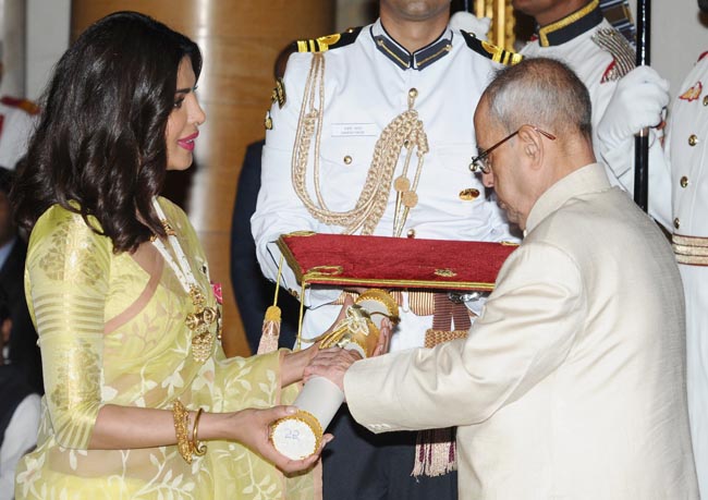 The President, Shri Pranab Mukherjee presenting the Padma Shri Award to Ms. Priyanka Chopra, at a Civil Investiture Ceremony, at Rashtrapati Bhavan, in New Delhi on April 12, 2016.