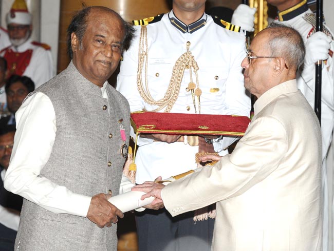 The President, Shri Pranab Mukherjee presenting the Padma Vibhushan Award to Shri Rajinikanth, at a Civil Investiture Ceremony, at Rashtrapati Bhavan, in New Delhi on April 12, 2016.