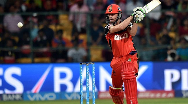 Bengaluru :  Royal Challengers Bangalore's AB De Villiers plays a shot during the 1st qualifier IPL 2016 match against Gujarat Lions at Chinnaswamy Stadium in Bengaluru on Tuesday. PTI Photo by Shailendra Bhojak(PTI5_24_2016_000321B)