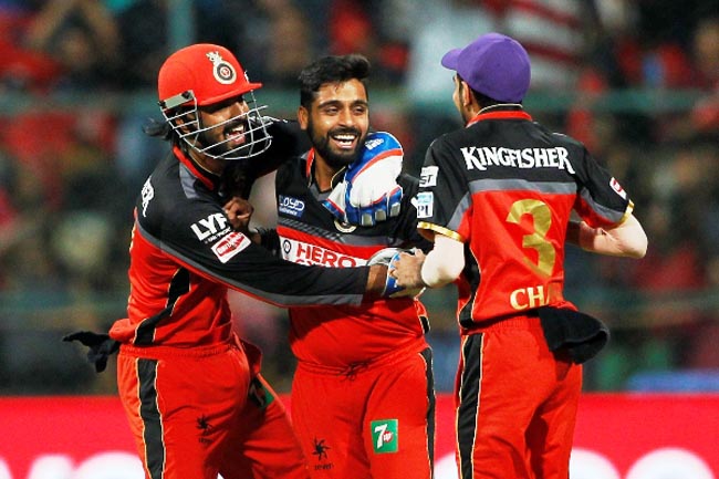 Iqbal Abdullah of Royal Challengers Bangalore celebrates the wicket of Aaron Finch of Gujarat Lions during match 57 (Qualifier 1) of the Vivo IPL ( Indian Premier League ) 2016 between the Gujarat Lions and the Royal Challengers Bangalore held at The M. Chinnaswamy Stadium in Bangalore, India,  on the 24th May 2016 Photo by Deepak Malik / IPL/ SPORTZPICS