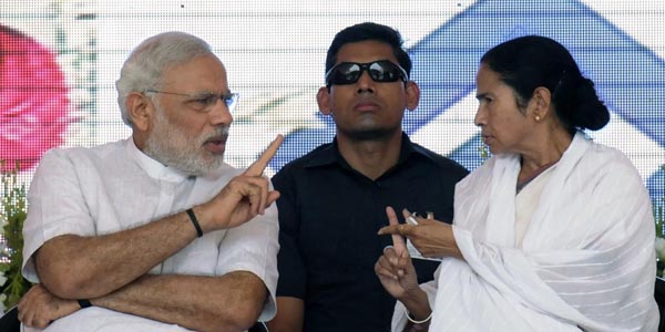 ASANSOL, INDIA - MAY 10: Prime Minister Narendra Modi and Chief Minister Mamata Banerjee during the inauguration of '2.5 MT modernized & expanded IISCO Steel Plant' at Burnpur Polo Ground in the district Burdwan of West Bengal, on May 10, 2015 in Asansol, India. During the function, Modi described the Union Government and 29 State Governments as 30 pillars of "TEAM INDIA" which would take India forward. The upgraded steel plant of IISCO (Indian Iron and Steel Co) that has the country's largest blast furnace and has been modernised at a cost of Rs.16,000 crore. (Photo by Subhendu Ghosh/Hindustan Times via Getty Images)