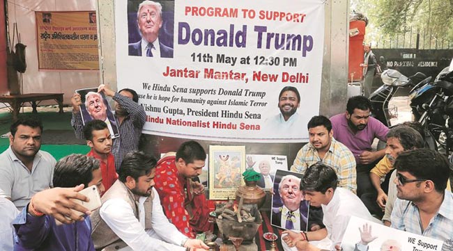Activists of Hindu Sena, a Hindu right-wing group, perform a special prayer to ensure a victory of Republican U.S. presidential candidate Donald Trump in the upcoming elections, according to a media release, in New Delhi, India May 11, 2016. REUTERS/Anindito Mukherjee