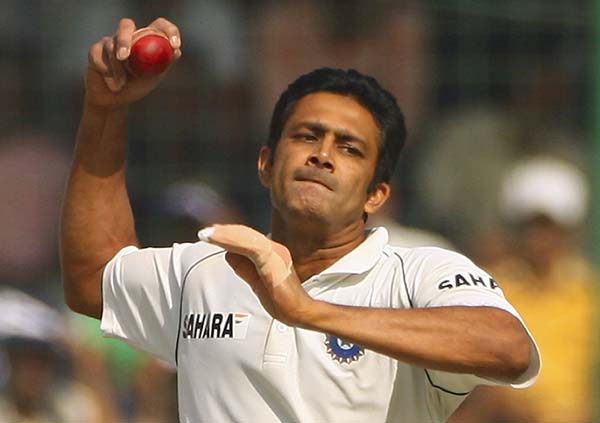 NEW DELHI, INDIA - NOVEMBER 01: Anil Kumble of India bowls during day four of the Third Test match between India and Australia at Feroz Shah Kotla Stadium on November 1, 2008 in New Delhi, India. (Photo by Global Cricket Ventures/BCCI via Getty Images) *** Local Caption *** Anil Kumble