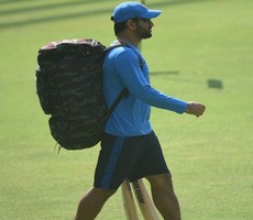 MS Dhoni during the net practice ahead of their match against West Indies at Wankhede stadium on Wednesday. Express Photo by Kevin D'Souza. 30.03.2016. Mumbai.