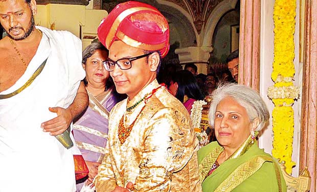 Pramoda Devi Wadiyar with Yaduveer Gopalraj Urs successor to late Srikanta Datta Narasimharaja Wadiyar, seen dyuring the adoption ceremony in Mysuru on Monday. -KPN ### Mysore: Adoption ceremony of Yaduveer